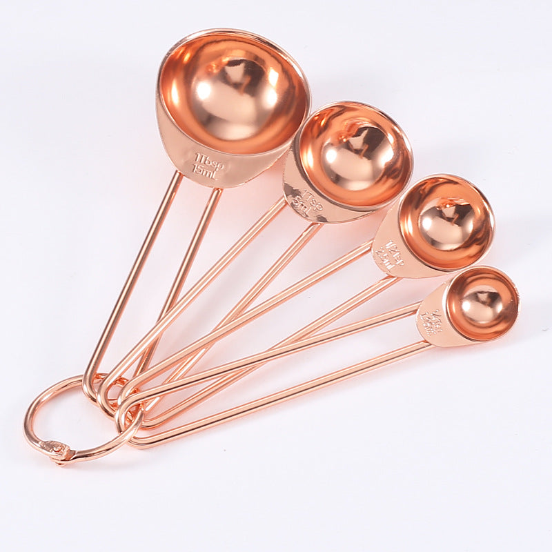 Stainless Steel Rose Gold Wire Handle Measuring Spoon Cup Baking Tool Cake Flour Powder with Scale Coffee Bean Seasoning Measuring Spoon