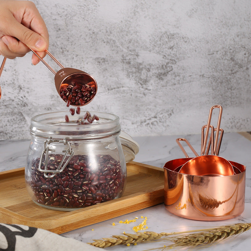 Stainless Steel Rose Gold Wire Handle Measuring Spoon Cup Baking Tool Cake Flour Powder with Scale Coffee Bean Seasoning Measuring Spoon